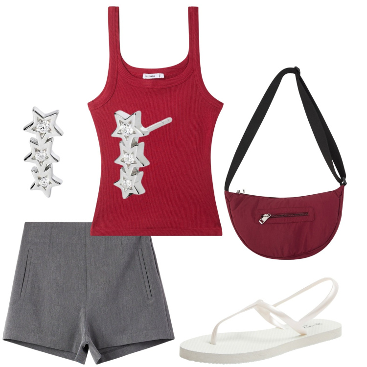Outfit donna - Terranova - Summer Sale 2025. Stile Casual per Tutti i giorni. Abbinamento con shorts, sandali, canottiere, borse a tracolla, orecchini.