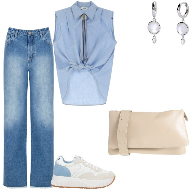 Outfit donna - Casual un pò anni \'80. Stile Casual per Tutti i giorni. Abbinamento con borse a tracolla, sneakers, camicie, orecchini, jeans dritti.