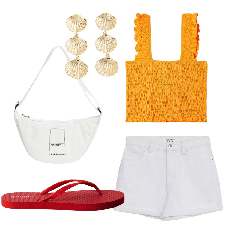 Outfit donna - Terranova - Summer Sale 2025. Stile Minimal per Tutti i giorni. Abbinamento con top, shorts, marsupi, infradito, orecchini.