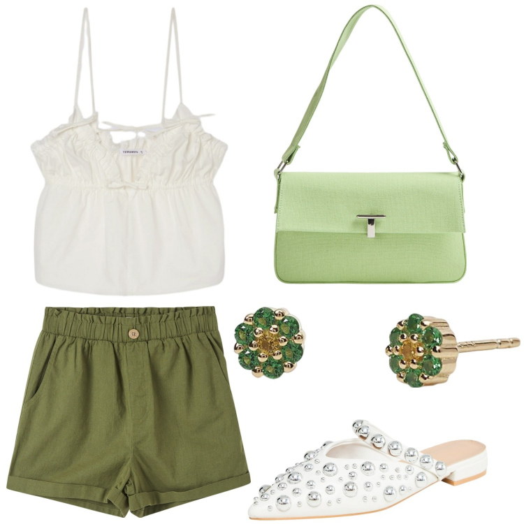 Outfit donna - Terranova - Summer Sale 2025. Stile Casual per Tutti i giorni. Abbinamento con pantaloni corti, ballerine, borse a spalla, canottiere, orecchini.