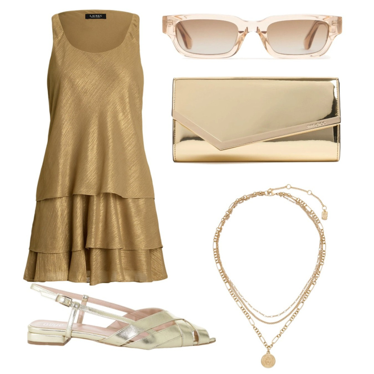 Outfit donna - Beige dorato. Stile Glamour per Serata fuori. Abbinamento con sandali, vestiti senza maniche, ciondoli, pochette, occhiali da sole.