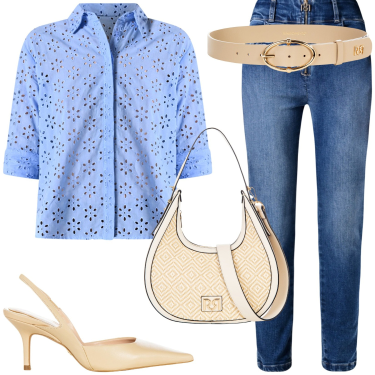 Outfit donna - Saldi Rinascimento. Stile Casual chic per Ufficio. Abbinamento con borse a mano, camicie, décolleté, jeans skinny, cinture.