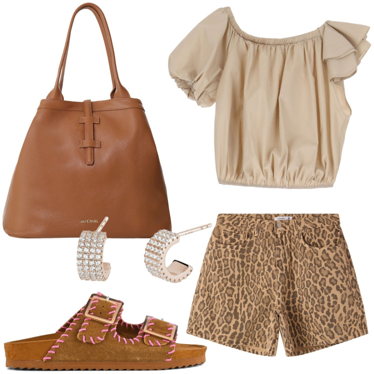 Outfit donna - Beige Chiaro: la nuova eleganza. Stile Casual per Tutti i giorni. Abbinamento con shorts, orecchini, borse tote, top, sandali.
