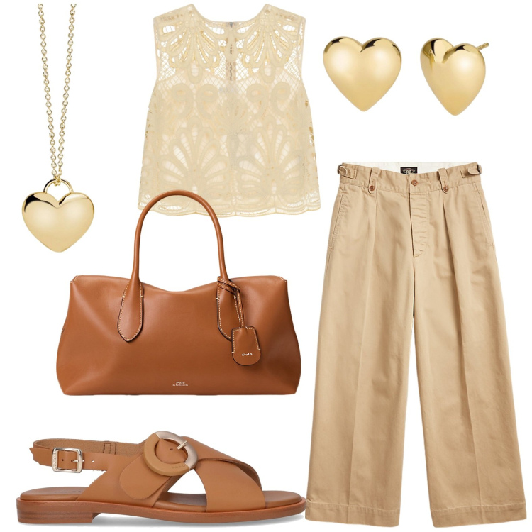Outfit donna - Beige Chiaro: la nuova eleganza. Stile Minimal per Ufficio. Abbinamento con collane, orecchini, top, pantaloni, borse a mano, sandali.