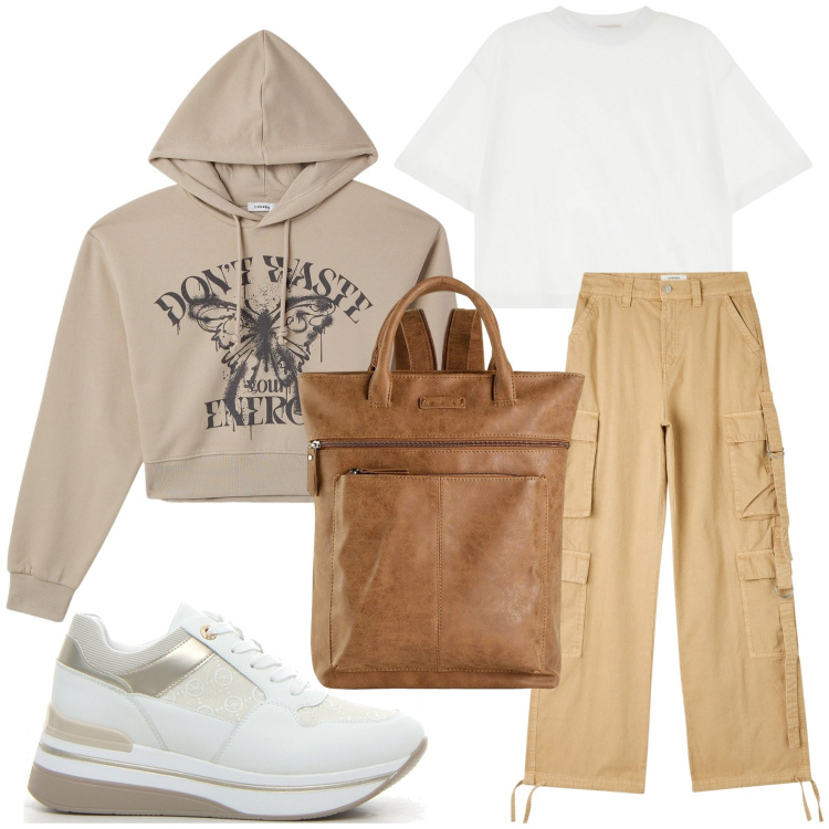 Outfit donna - Vacanze in montagna - @tiffany22. Stile Minimal per Tutti i giorni. Abbinamento con zaini, pantaloni cargo, felpe con cappuccio, t-shirt, sneakers.