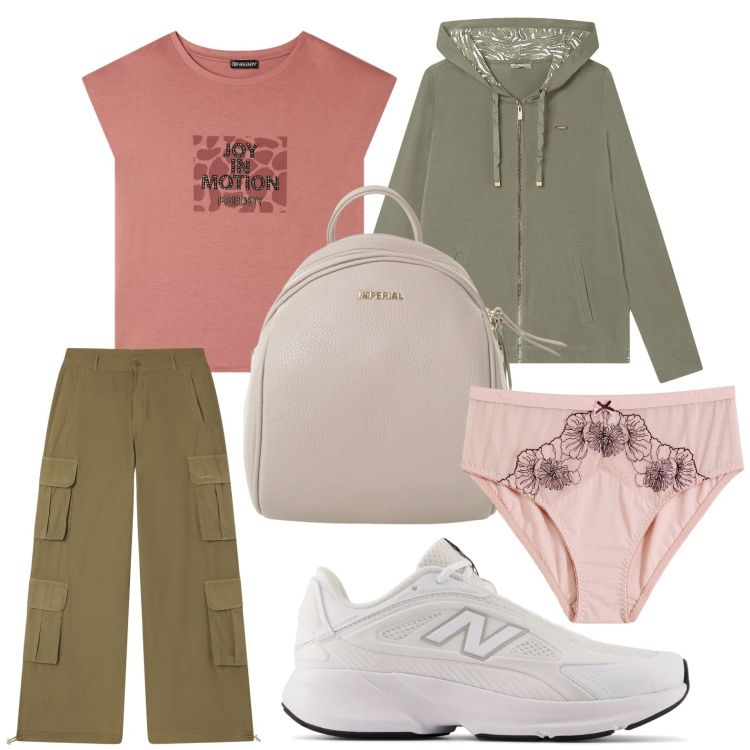 Outfit donna - Vacanze in montagna - @tiffany22. Stile Military per Tutti i giorni. Abbinamento con culotte, sneakers, zaini, pantaloni cargo, t-shirt, felpe con cappuccio.