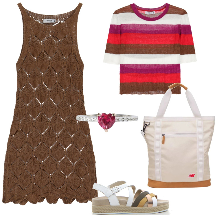 Outfit donna - Please Summer Sales estate 2025. Stile Trendy per Tutti i giorni. Abbinamento con anelli, shopping bag, vestiti corti, maglieria, sandali.