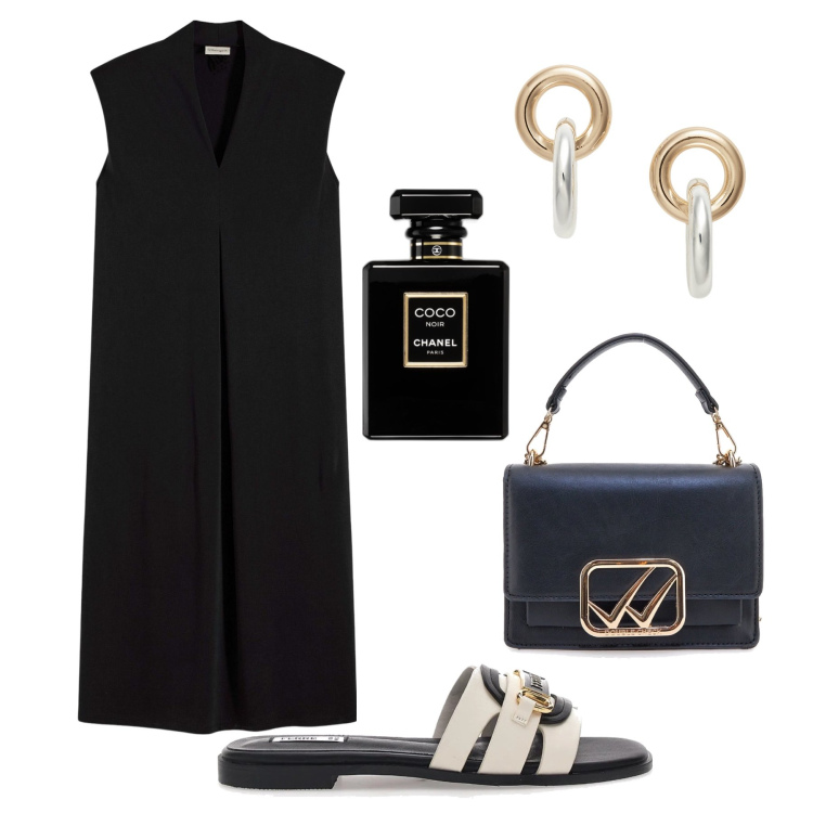 Outfit donna - Chik less is more. Stile Bon Ton per Serata fuori. Abbinamento con vestiti, profumi, orecchini, borse a tracolla, ciabatte.