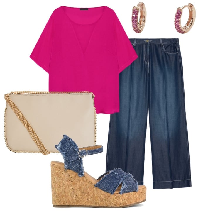 Outfit donna - La blusa fucsia. Stile Casual chic per Tutti i giorni. Abbinamento con borse a tracolla, orecchini, bluse, pantaloni, zeppe.