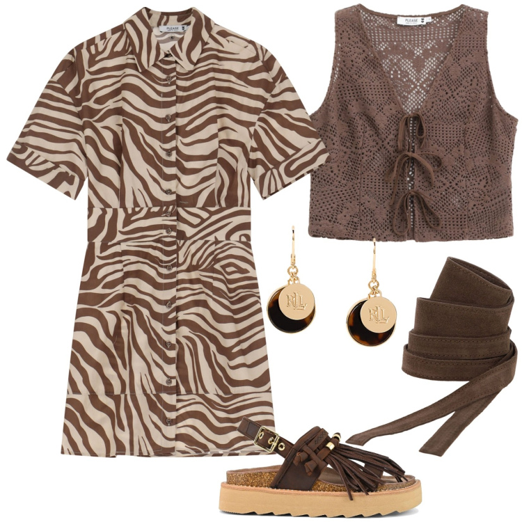 Outfit donna - Please Summer Sales estate 2025. Stile Trendy per Tutti i giorni. Abbinamento con vestiti corti, maglieria, cinture, orecchini, sandali.