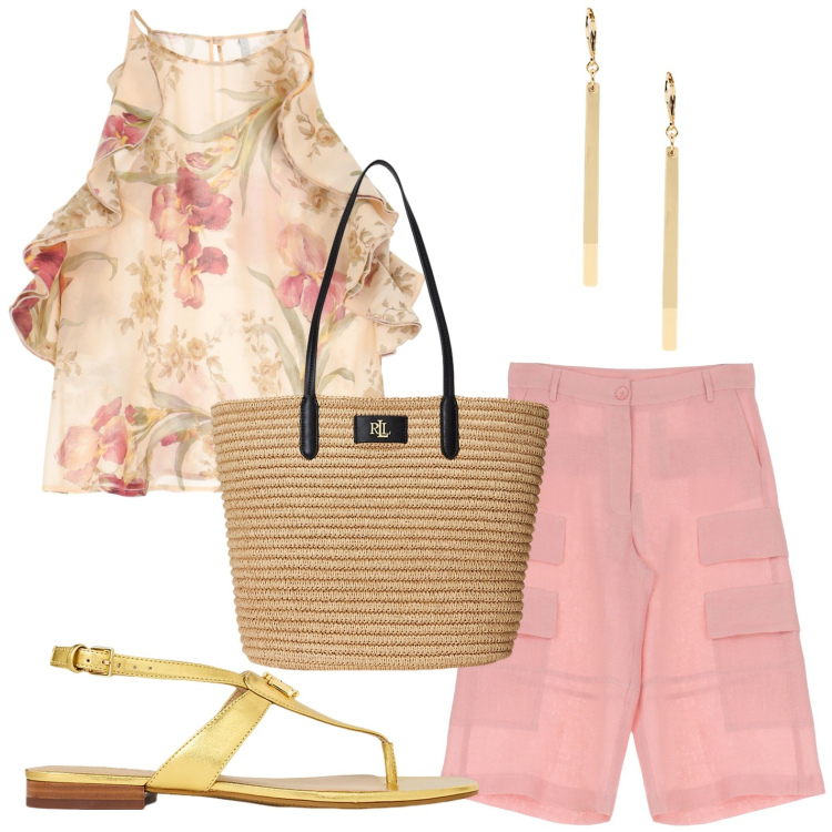 Outfit donna - Imperial - Summer Sale SS25. Stile Glamour per Tutti i giorni. Abbinamento con shorts, canottiere, borse tote, sandali in pelle, orecchini.