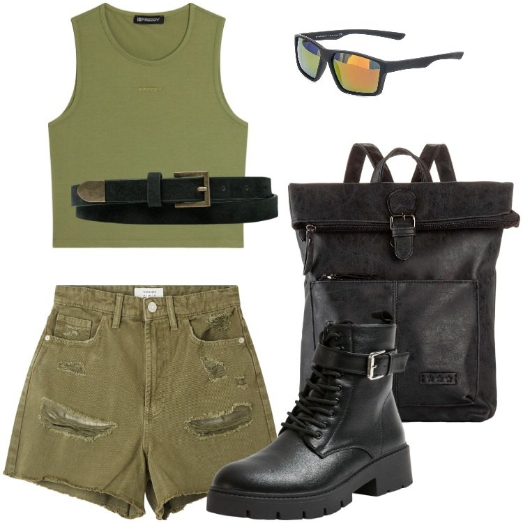 Outfit donna - Total look #2197776. Stile Military per Tutti i giorni. Abbinamento con zaini, shorts, anfibi, top, occhiali da sole, cinture.