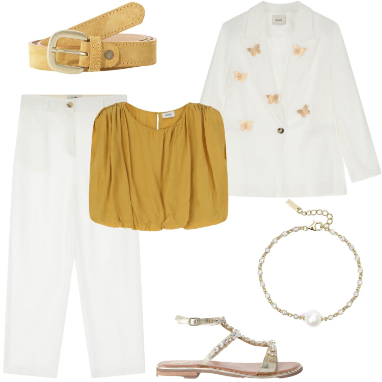 Outfit donna - Dixie Summer Sales 2025. Stile Casual chic per Serata fuori. Abbinamento con braccialetti, top, pantaloni, blazer, sandali, cinture.