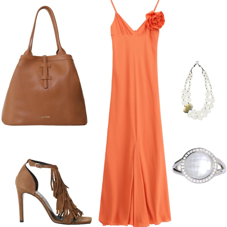 Outfit donna - Tramonto. Stile Chic per Cerimonia. Abbinamento con anelli, borse tote, vestiti lunghi, décolleté, ciondoli.