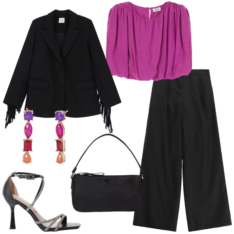 Outfit donna - Dixie Summer Sales 2025. Stile Casual chic per Serata fuori. Abbinamento con orecchini, sandali col tacco, top, pantaloni, blazer, pochette.
