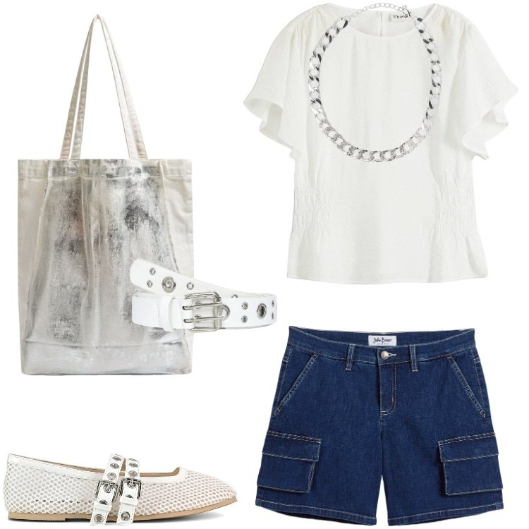 Outfit donna - Total look #2197791. Stile Urban per Mare. Abbinamento con bluse, shorts, cinture, collane, shopping bag, ballerine.