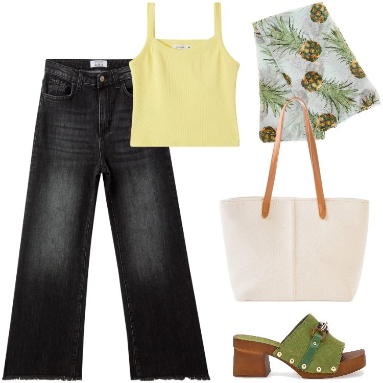 Outfit donna - Total look #2197793. Stile Boho per Mare. Abbinamento con shopping bag, canottiere, jeans, zoccoli, foulard.