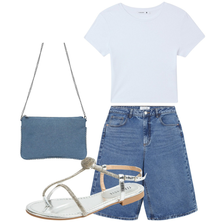 Outfit donna - Alla moda. Stile Basic per Scuola/Università. Abbinamento con bermuda, t-shirt, borse a tracolla, ciabatte.
