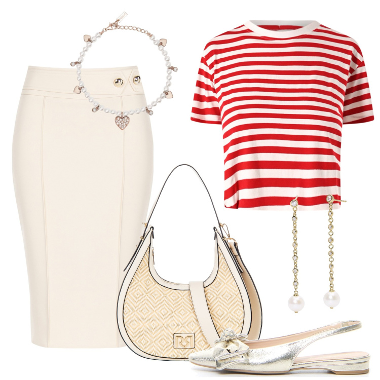 Outfit donna - Marinière e bianco. Stile Casual chic per Tutti i giorni. Abbinamento con gonne, borse a mano, t-shirt, orecchini, braccialetti, sandali in pelle.