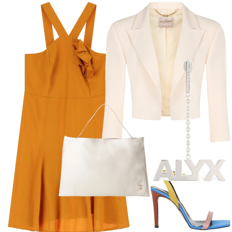 Outfit donna - Invitata chic con saldi. Stile Bon Ton per Cerimonia. Abbinamento con bolero, borse a spalla, vestiti asimmetrici, sandali col tacco, orecchini.