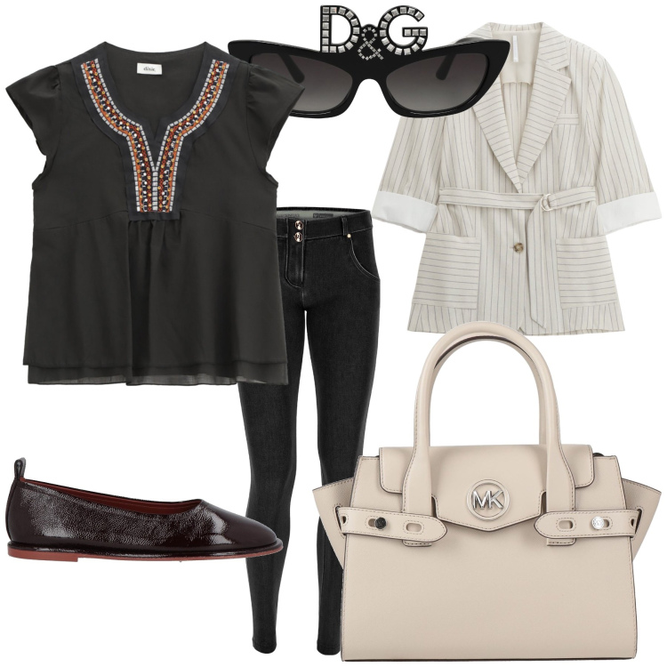 Outfit donna - Ufficio firme grandi e grandi sconti. Stile Urban per Ufficio. Abbinamento con borse a mano, ballerine, occhiali da sole, blazer, jeans skinny, top.