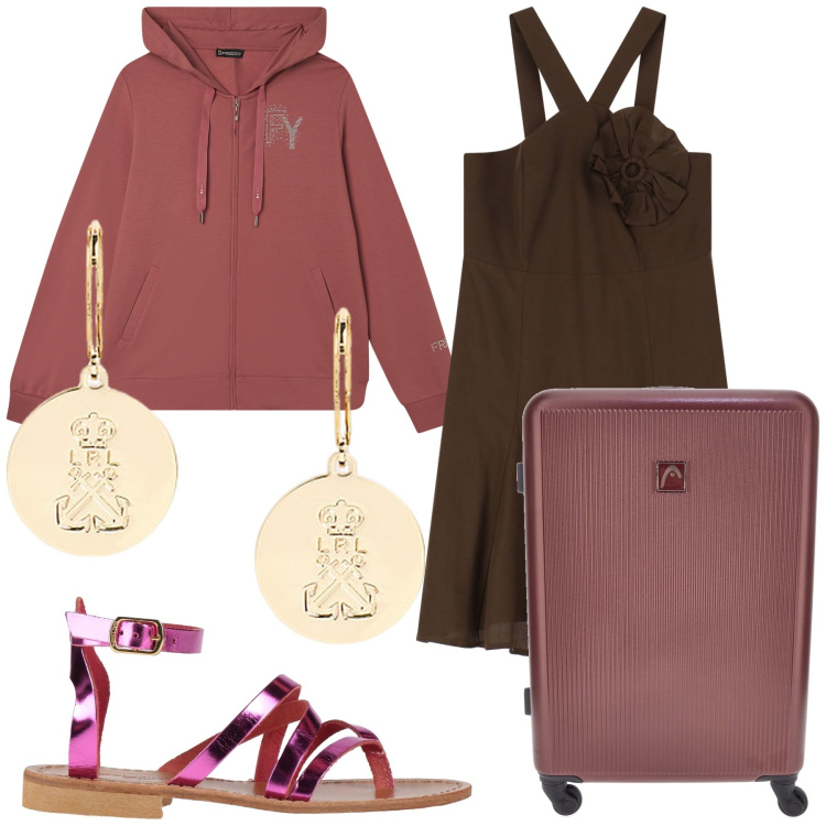 Outfit donna - Una felpa per il viaggio. Stile Casual chic per Tutti i giorni. Abbinamento con infradito, felpe con cappuccio, vestiti asimmetrici, orecchini, valigie.