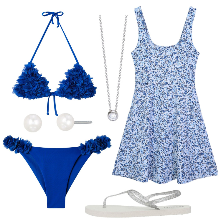 Outfit donna - Blu come il mare. Stile Casual chic per Mare. Abbinamento con vestiti corti, sandali, bikini, bikini, orecchini, collane.