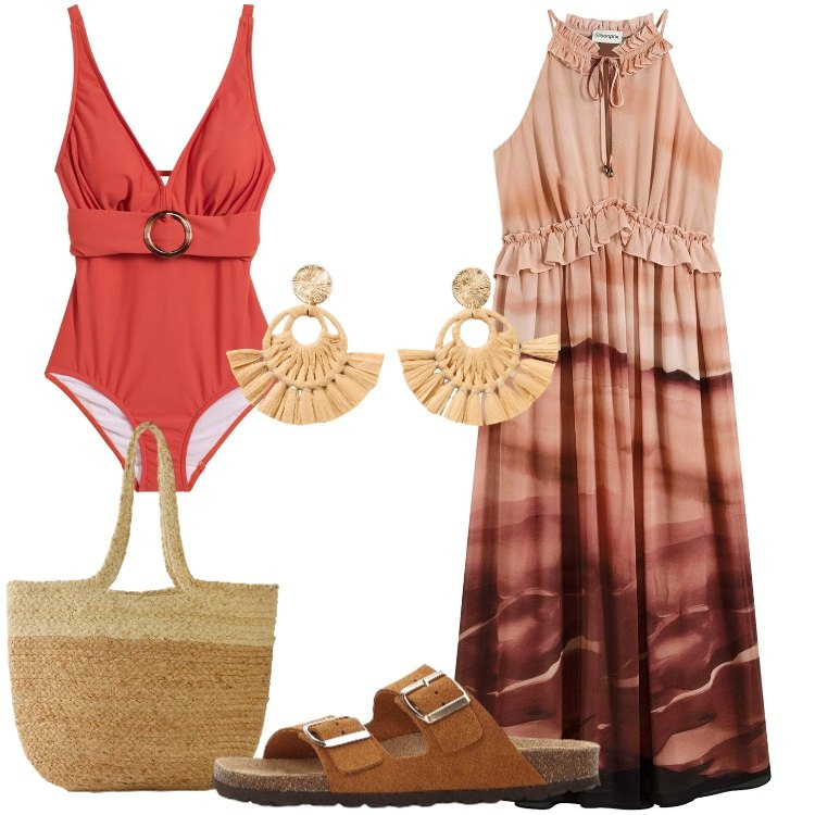 Outfit donna - Nuovi colori, nuove tendenze. Stile Etnico per Mare. Abbinamento con costumi interi, ciabatte, orecchini, vestiti, shopping bag.