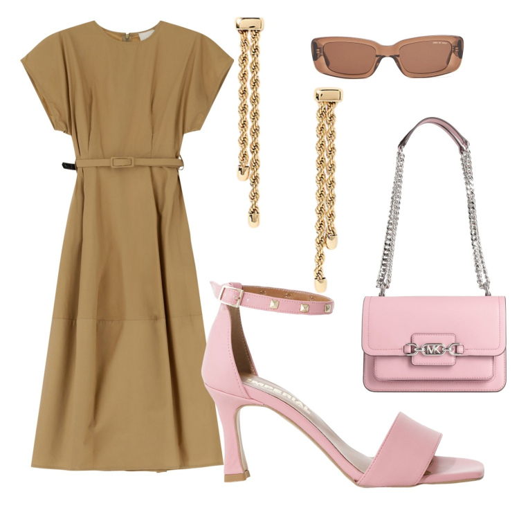 Outfit donna - Dettagli rosa. Stile Bon Ton per Ufficio. Abbinamento con borse a spalla, sandali col tacco, vestiti, orecchini, occhiali da sole.