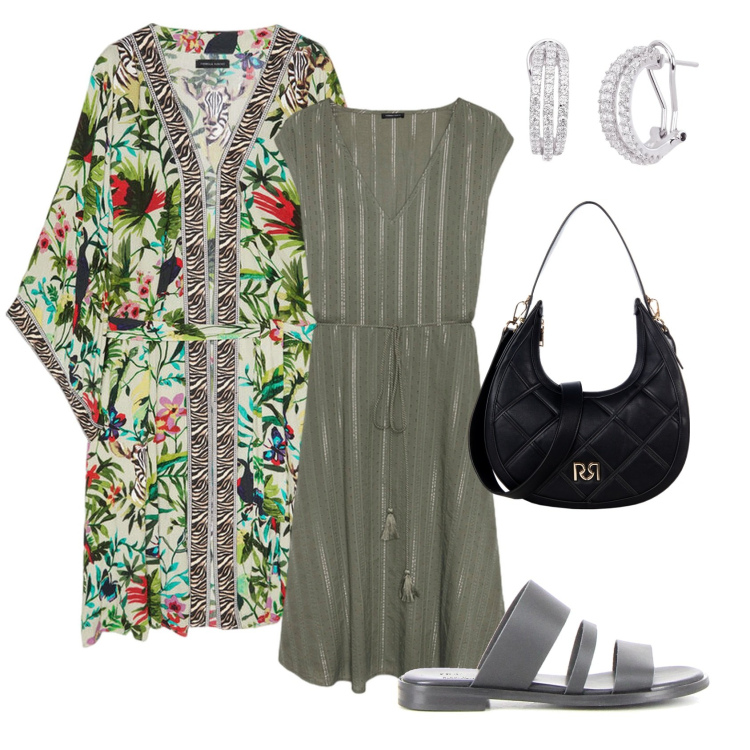 Outfit donna - Total look #2197969. Stile Casual per Tutti i giorni. Abbinamento con borse a tracolla, orecchini, vestiti midi/longuette, caftani, ciabatte.
