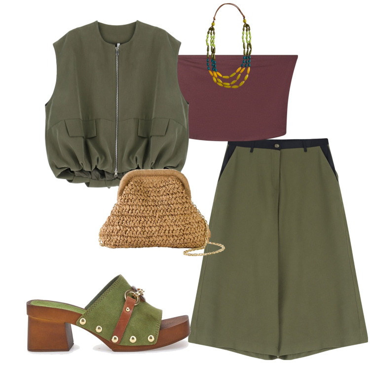 Outfit donna - Serata con amici. Stile Casual chic per Serata fuori. Abbinamento con borse a tracolla, top, pantaloni, blazer, zoccoli, collane.