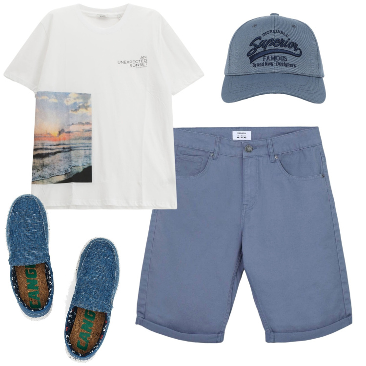 Outfit uomo - In vacanzq. Stile Casual per Tutti i giorni. Abbinamento con cappelli con visiera, bermuda, t-shirt, sneakers.