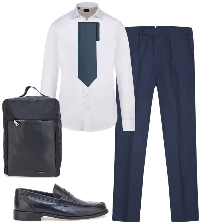 Outfit uomo - In ufficio. Stile Business/Elegante per Ufficio. Abbinamento con pantaloni, cravatte, scarpe stringate, camicie, borse sportive.