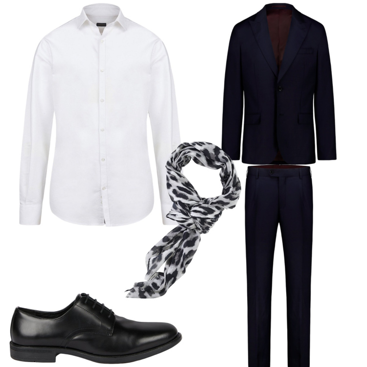 Outfit uomo - Abito doppelganger. Stile Business/Elegante per Cerimonia. Abbinamento con sciarpe e foulard, scarpe stringate, abiti, camicie.