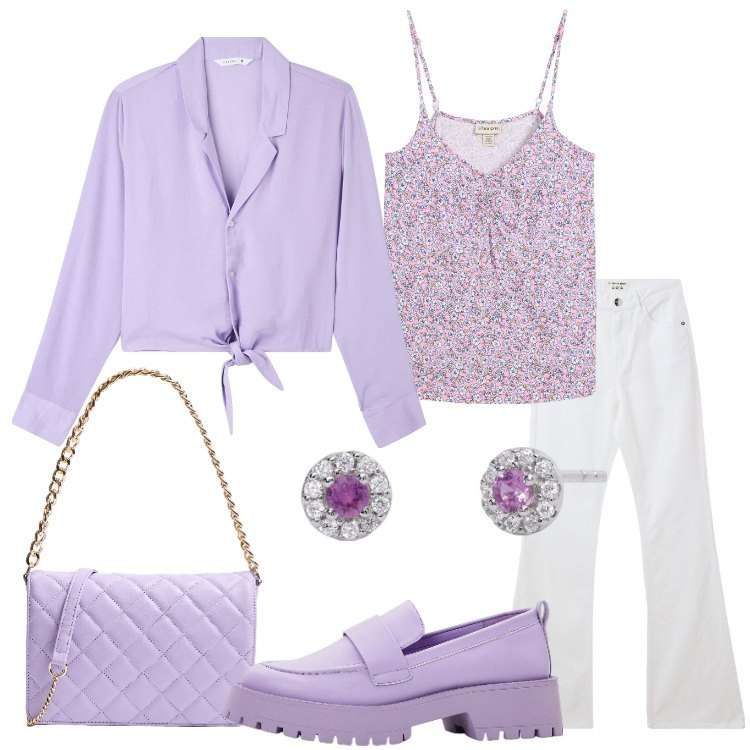 Outfit donna - Trendy al lavoro. Stile Trendy per Ufficio. Abbinamento con top, mocassini, camicie, jeans a zampa, borse a tracolla, orecchini.