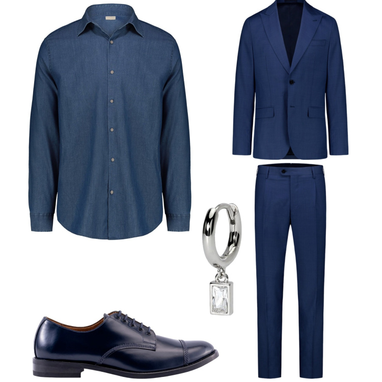 Outfit uomo - Blu doppelganger. Stile Business/Elegante per Ufficio. Abbinamento con orecchini, camicie, abiti, scarpe stringate.