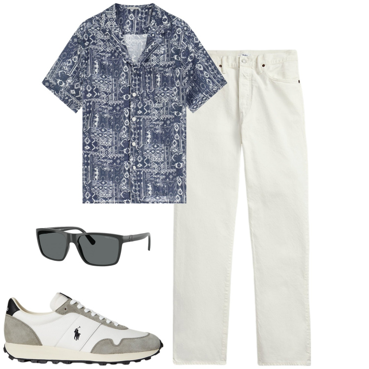 Outfit uomo - Luglio. Stile Casual per Tutti i giorni. Abbinamento con camicie a manica corta, jeans dritti, occhiali da sole, sneakers.