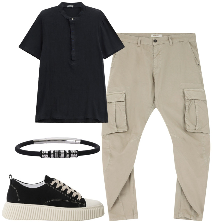Outfit uomo - Luglio. Stile Casual per Tutti i giorni. Abbinamento con braccialetti, sneakers, t-shirt, pantaloni cargo.