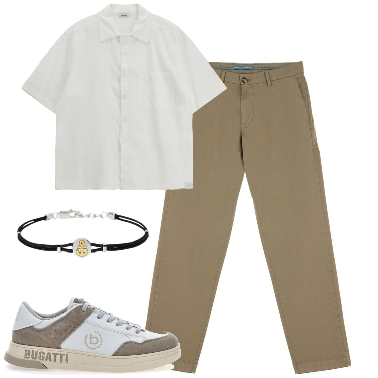 Outfit uomo - Luglio. Stile Urban per Tutti i giorni. Abbinamento con braccialetti, pantaloni chino, camicie, sneakers.