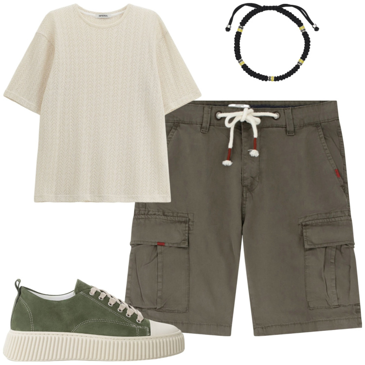 Outfit uomo - Aperitivo estivo. Stile Trendy per Tutti i giorni. Abbinamento con braccialetti, sneakers, bermuda, t-shirt.