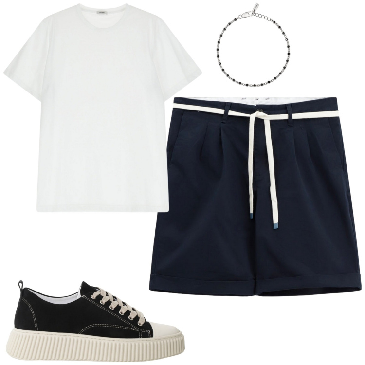 Outfit uomo - Luglio. Stile Casual per Tutti i giorni. Abbinamento con braccialetti, sneakers, bermuda, t-shirt.