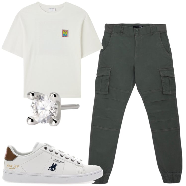 Outfit uomo - Total look #2198023. Stile Casual per Tutti i giorni. Abbinamento con pantaloni cargo, t-shirt, orecchini, sneakers.