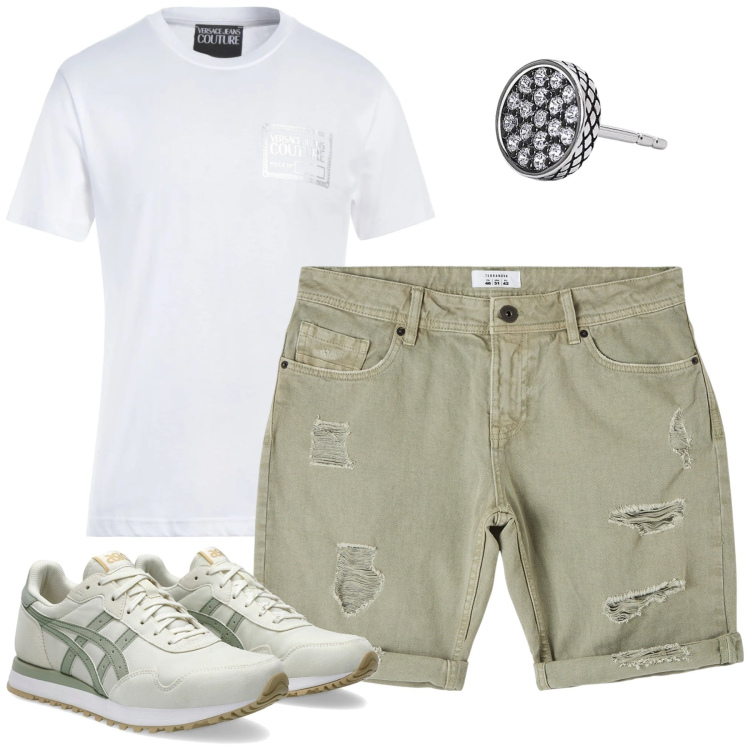 Outfit uomo - Luglio. Stile Casual per Tutti i giorni. Abbinamento con t-shirt, bermuda, orecchini, sneakers.