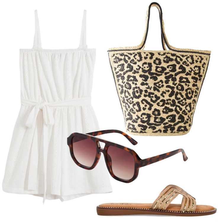 Outfit donna - Jumpsuit fluida da giorno. Stile Glamour per Tutti i giorni. Abbinamento con occhiali da sole, tute, shopping bag, ciabatte.