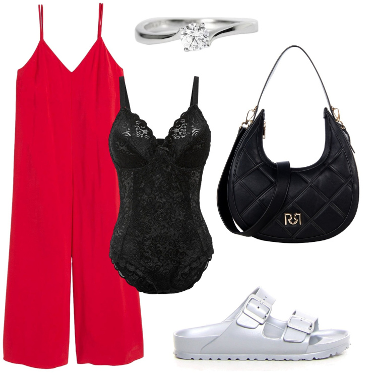 Outfit donna - Jumpsuit fluida da giorno. Stile Minimal per Tutti i giorni. Abbinamento con tute, body, anelli, borse a tracolla, ciabatte.