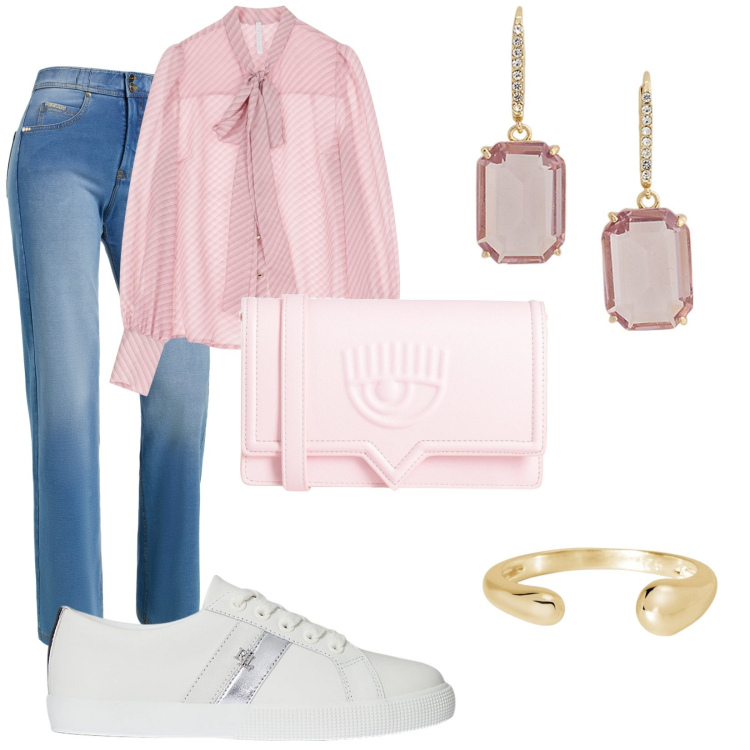 Outfit donna - Nel fiore degli anni. Stile Glamour per Tutti i giorni. Abbinamento con borse a tracolla, anelli, camicie, jeans, sneakers, orecchini.