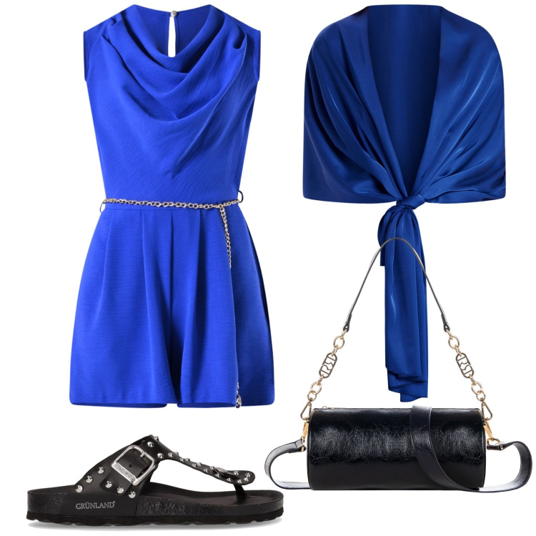 Outfit donna - Jumpsuit fluida da giorno. Stile Chic per Tutti i giorni. Abbinamento con borse a mano, tuta corta, stole, infradito.