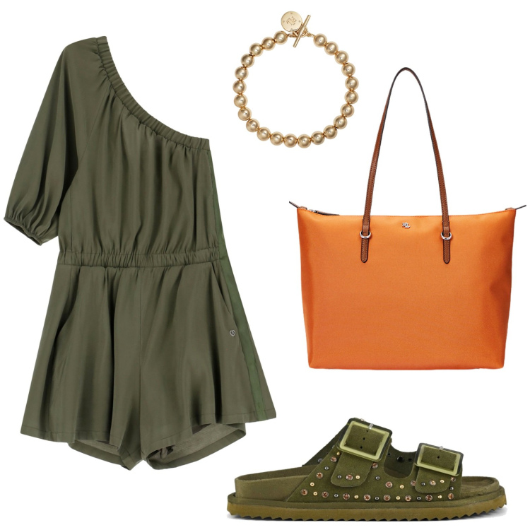 Outfit donna - Please - Summer Sale SS25. Stile Military per Tutti i giorni. Abbinamento con tute, braccialetti, borse tote, sandali.