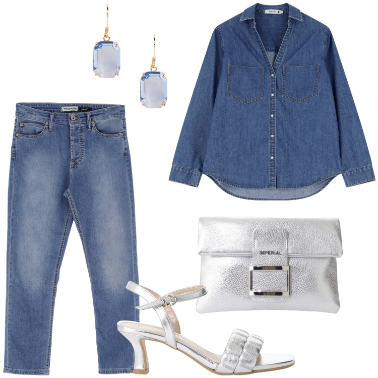 Outfit donna - Please - Summer Sale SS25. Stile Minimal per Tutti i giorni. Abbinamento con camicie, jeans, sandali col tacco, pochette, orecchini.