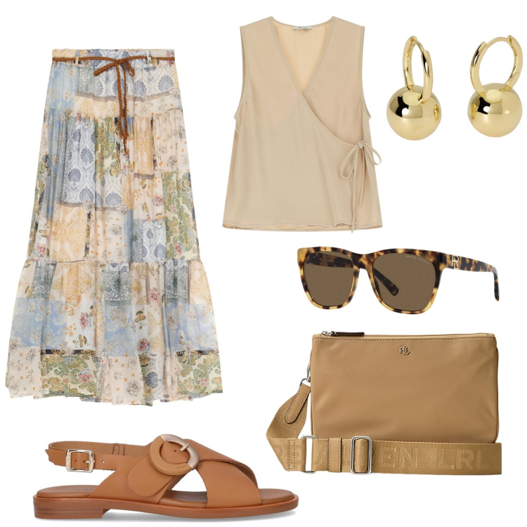 Outfit donna - Beige chiaro. Stile Boho per Ufficio. Abbinamento con orecchini, gonne lunghe, top, borse a tracolla, occhiali da sole, sandali.